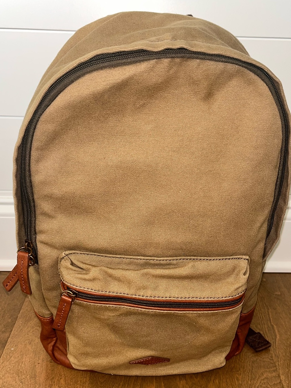 Fossil Canvas Backpack Tan / Sand / Brown Leather Trim Rucksack Travel Bag